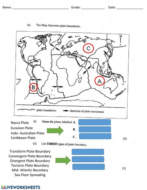 A quiz with answer key for students about their environmental habits. Plate Tectonics - BGCSE worksheet