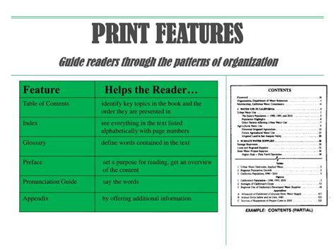 PPT - TYPES OF INFORMATIONAL TEXT FEATURES Print Features Organizational Aids Graphic Aids ...