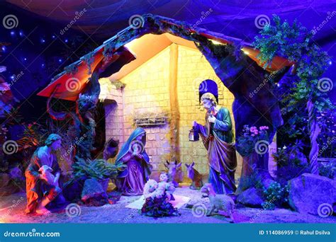 christmas nativity scene with figurines including jesus mary joseph stock image image of