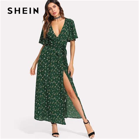 Buy Shein Green Flower Print Surplice Wrap Maxi Dress