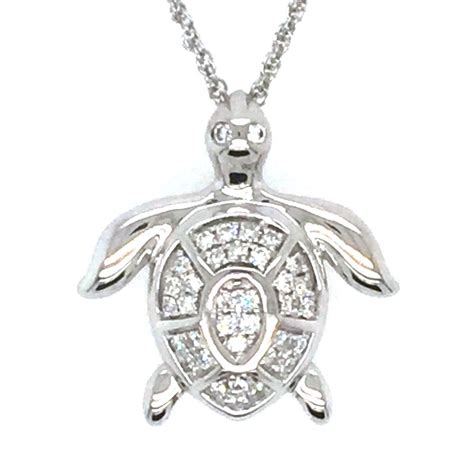Sealife Jewelry 14k White Gold Diamond Sea Turtle Pendant Emerald