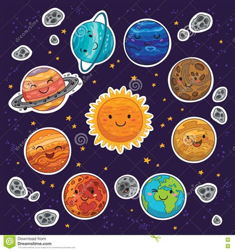 Sticker Set Of Solar System With Cartoon Planets Stock Vector