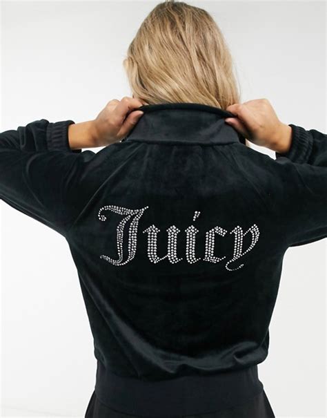 Juicy Couture Velour Tracksuit Top With Back Diamanté Logo In Black Asos