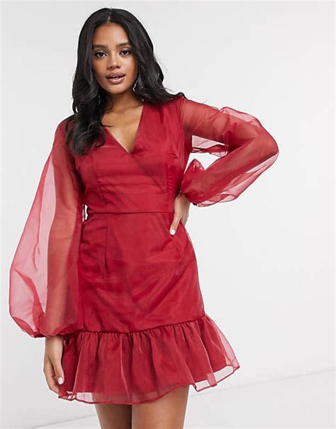 Missguided Organza Puff Sleeve Dress In Red Asos