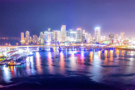 Aerial Miami Skyline Night Long Exposure In Miami Beach And Macarthur