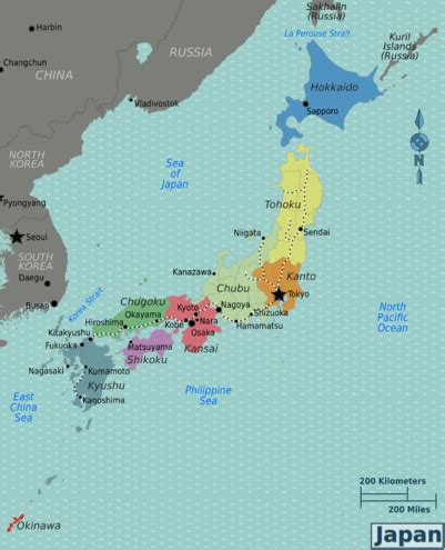 Hokkaidō (red), tōhoku (yellow), kantō (green), chūbu (cyan), kansai (blue), chūgoku (orange), shikoku (purple) and kyūshū & okinawa (grey). Japan - Wikitravel