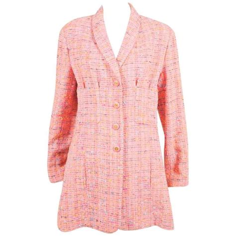 Vintage Chanel Boutique Pink Multicolor Longline Nubby Tweed Ls Jacket