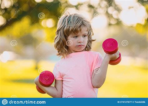 Boy Workout In Park Kids Sport Child Exercising With Dumbbells