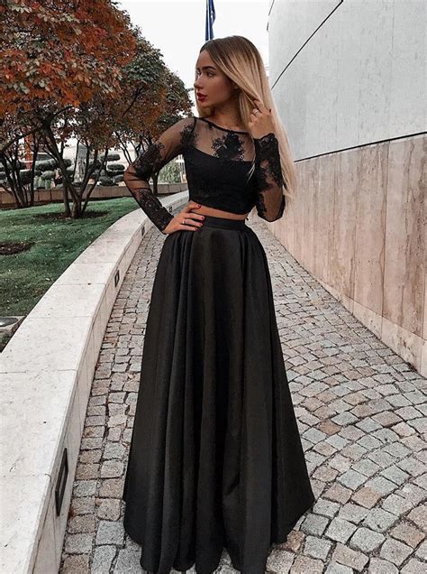 Two Piece Long Sleeve Floor Length Black Prom Dress With Lace Appliques
