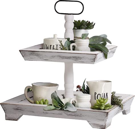 Hapoo Decorative Trays White Farmhouse Distressed Tiered Serving Tray