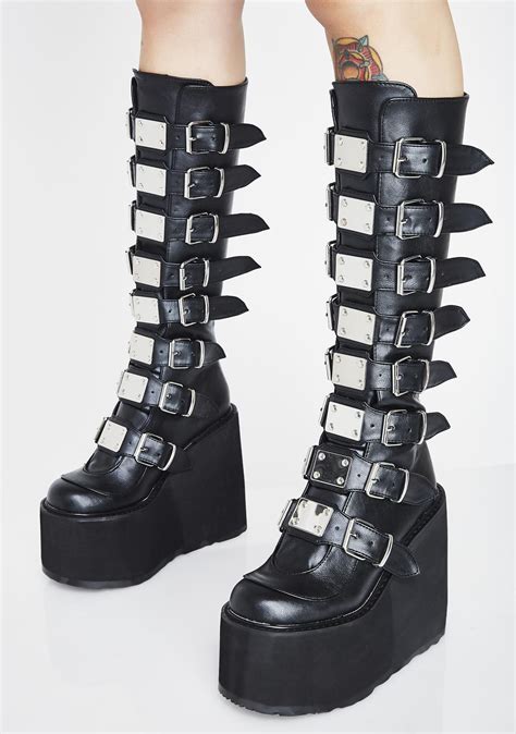 demonia swing 815 buckle knee high platform boots black goth shoes goth boots gothic boots