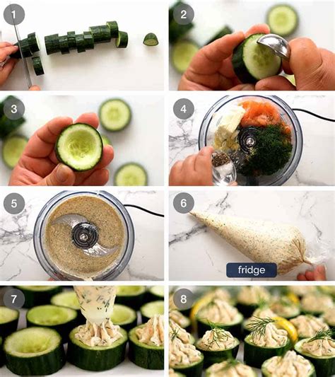 With the motor still running, gradually pour in the double cream until the mixture thickens to a mousse, scraping the sides of the food processor with a spatula halfway through blending. Cucumber Canapés with Smoked Salmon Mousse | RecipeTin Eats