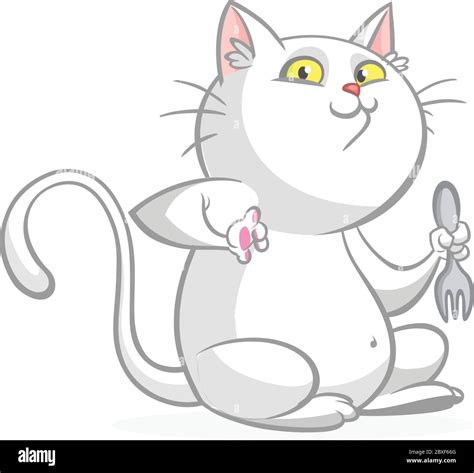 Cartoon Pretty White Fat Cat Sitting Fat Cat Illustration Isolated