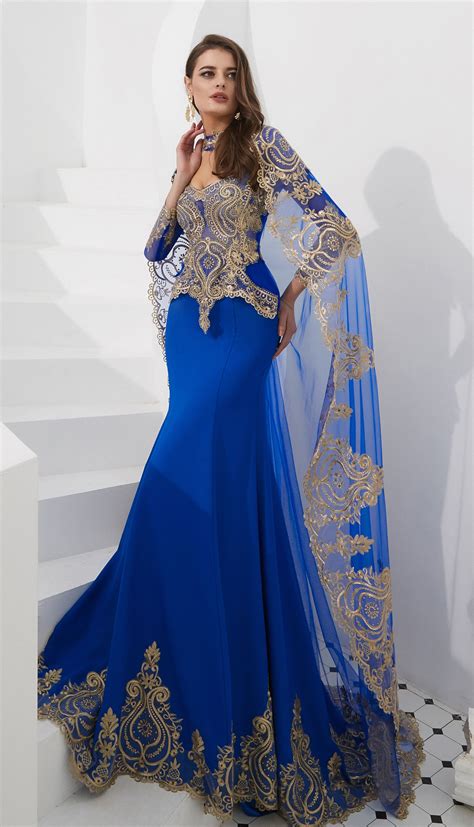 Black And Gold Mermaid Arabian Evening Dresses With Cape Shawl Royal Blue Prom Dresses Prom