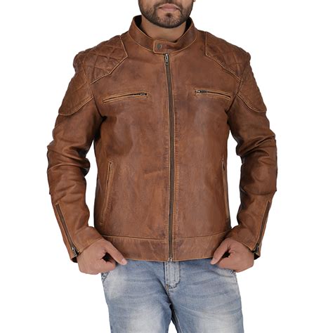 Mens Distressed Quilted Brown Motorcycle Leather Jacket Luminous Leather