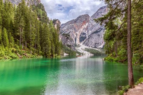 One Of The Beautiful Views Of The Famous Braies Lake In The Italian