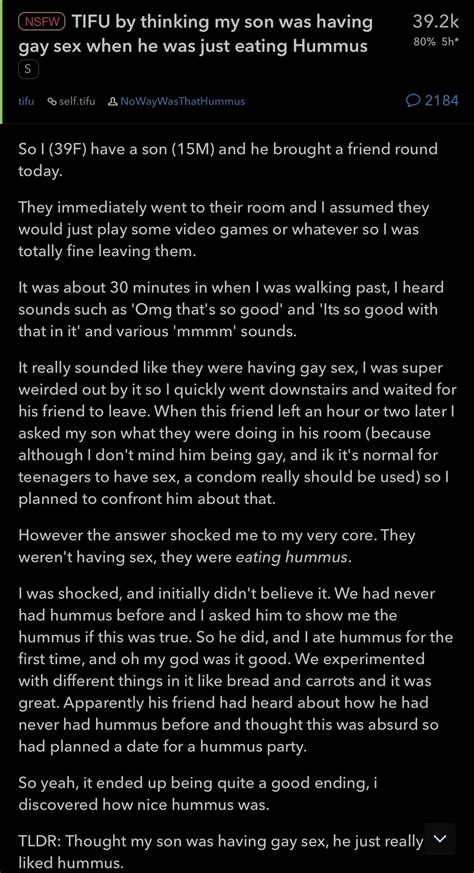 ~ On Twitter Tifu By Thinking My Son Was Having Gay Sex When He Was Just Eating Hummus