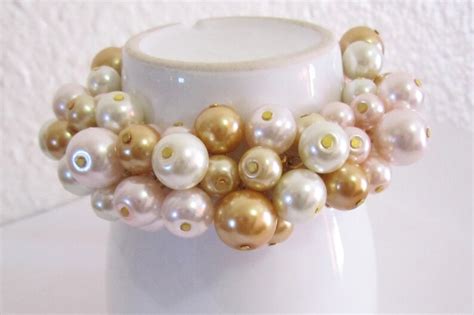 Blush Pink And Gold Pearl Bracelet Chunky Pearl Cluster Etsy
