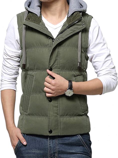 Yeokou Mens Sleeveless Cotton Padded Quilted Removable Hooded Vest