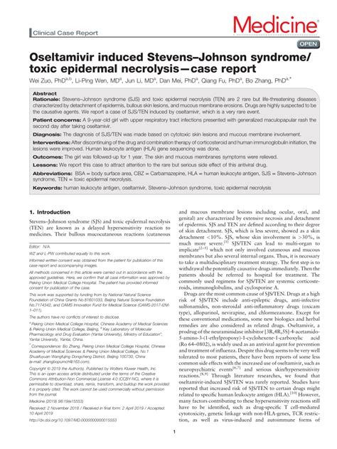 Pdf Oseltamivir Induced Stevensjohnson Syndrometoxic Epidermal