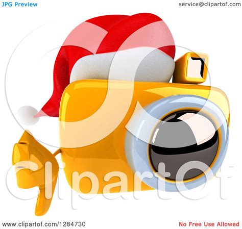 Clipart Of A 3d Christmas Yellow Camera Character Wearing A Santa Hat