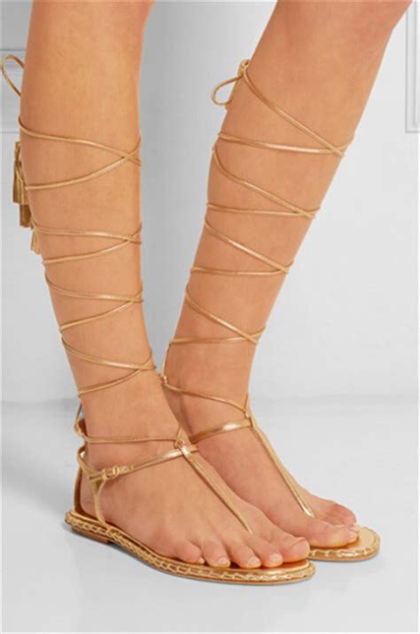 Sexy Lace Up Ankle Tie Flat Sandals Gold Leather Strappy Fringe Knee High Gladiator Sandals