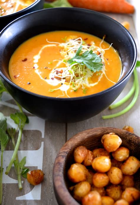 Vegetarian Coconut Curry Carrot Soup With Cumin Spiced Chickpeas
