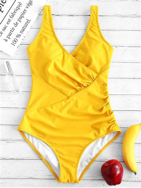 [25 Off] 2021 Zaful Ruched Surplice One Piece Swimsuit In Bright Yellow Zaful