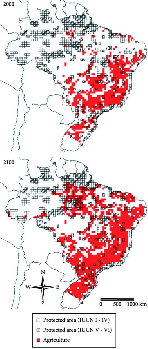 Map Of The Area Covered By Agriculture In Brazil In 2000 And In 2100
