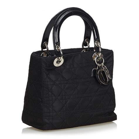 Dior Vintage Lady Dior Nylon Cannage Handbag Bag Black Leather