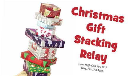 Ping pong balls, horseshoes, table 16. Christmas Gift Stacking Relay - Holiday Party Game
