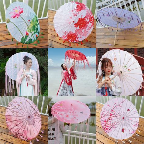 Decorative Umbrella With Ribbon Tassel Ancient Chinese Umbrellas Silk Cloth Photography Dance