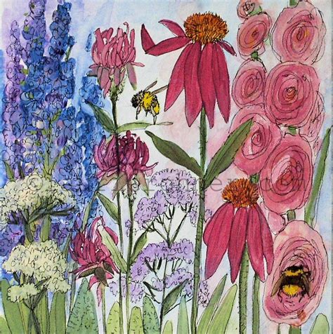 Botanical Nature Art Original Acrylic Painting Garden Flowers Bees