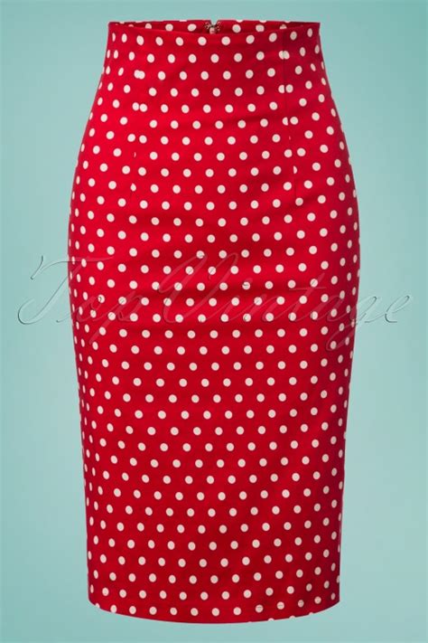 50s Falda Polkadot Pencil Skirt In Red
