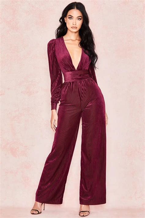 2018 New Burgundy Jumpsuit Celebrity Women V Neck Long Sleeve Rompers