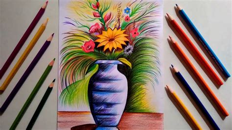 Easy color flower vase designs. Flower vase drawing with pencil colour step by step || for ...