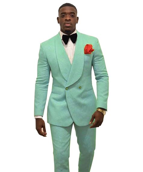 Mint Green Mens Patterned Suit Slim Fit 2 Piece Double Breasted