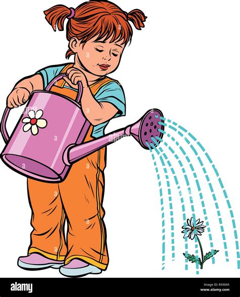 Girl Watering Can Watering A Flower Isolate On White Background Pop