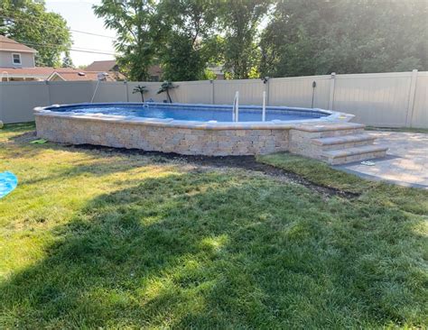 Semi Inground Pool With Brick Paver Swimming Pools Backyard Backyard