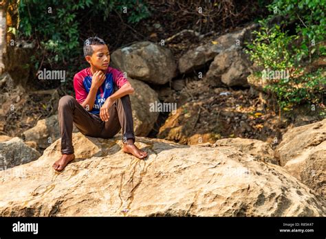 Thakhek Laos April Local Boy Getting Dried On A Rock After Having A Bath In A Lake