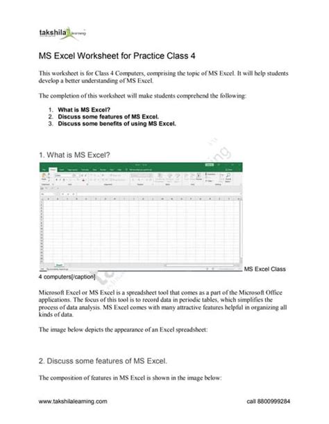 Ms Excel Worksheet For Practice Class 4pdf