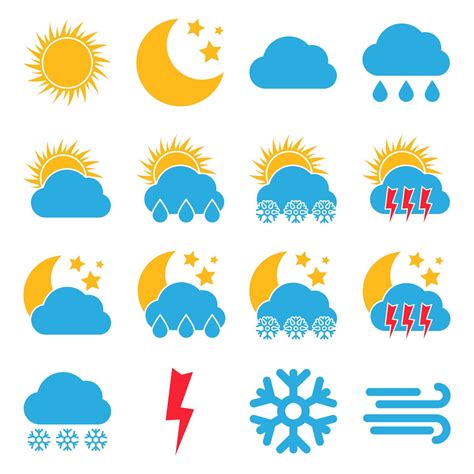 Set Of Sixteen Weather Icons Multicolored Icons For Different Weather
