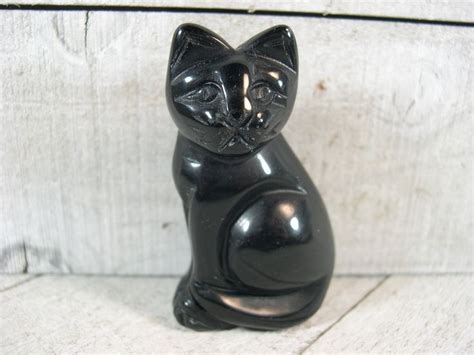 Lg Carved Polished Natural Black Obsidian Cat Figurine Statue Gemstone Crystal Reiki Chakra