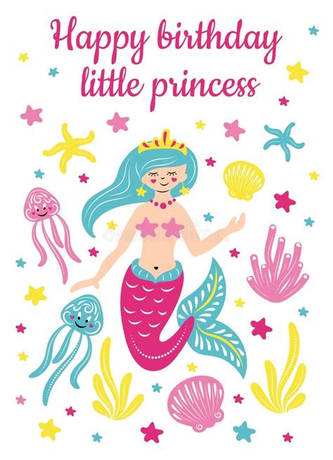 Greeting Card With Mermaid And Inscription Happy Birthday Little