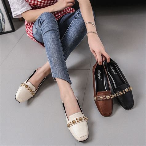 Flat Square Toe Loafers Woman Shoes Big Size Apricot Shoes Rivet Slip