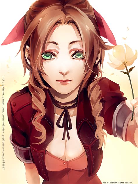 safebooru 1girl aerith gainsborough artist request bow breasts brown hair cleavage cropped