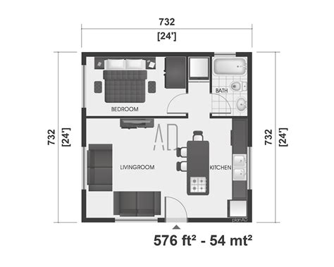 Small House Plan 1 Bedroom Home Plan 24x24 Floor Plan Tiny House