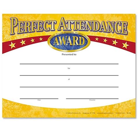 Perfect Attendance Yellow Gold Foil Stamped Certificates