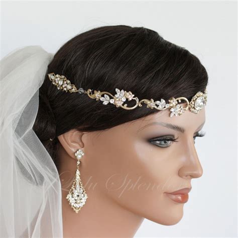 Wedding Hair Accessory Gold Forehead Band Vintage Headband Swarovski