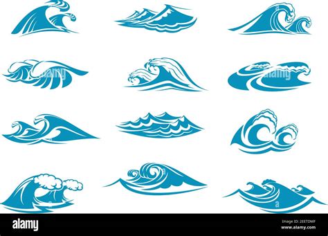 Water Waves Splashes Icons Set Vector Isolated Ocean Or Sea Wave Tide